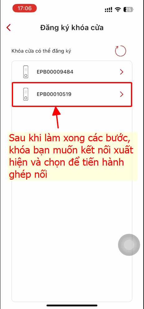 Chọn khóa mà bạn muốn kết nối 