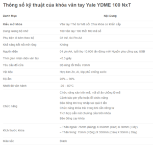 thông số kĩ thuật và chức năng khóa Yale YDME 100 NxT